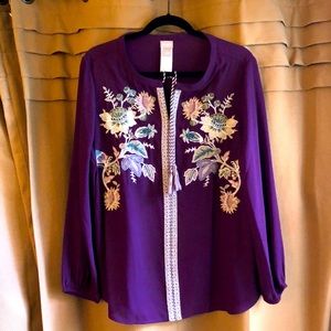 Purple Chico’s blouse with floral and diamond appliqué detail size 12